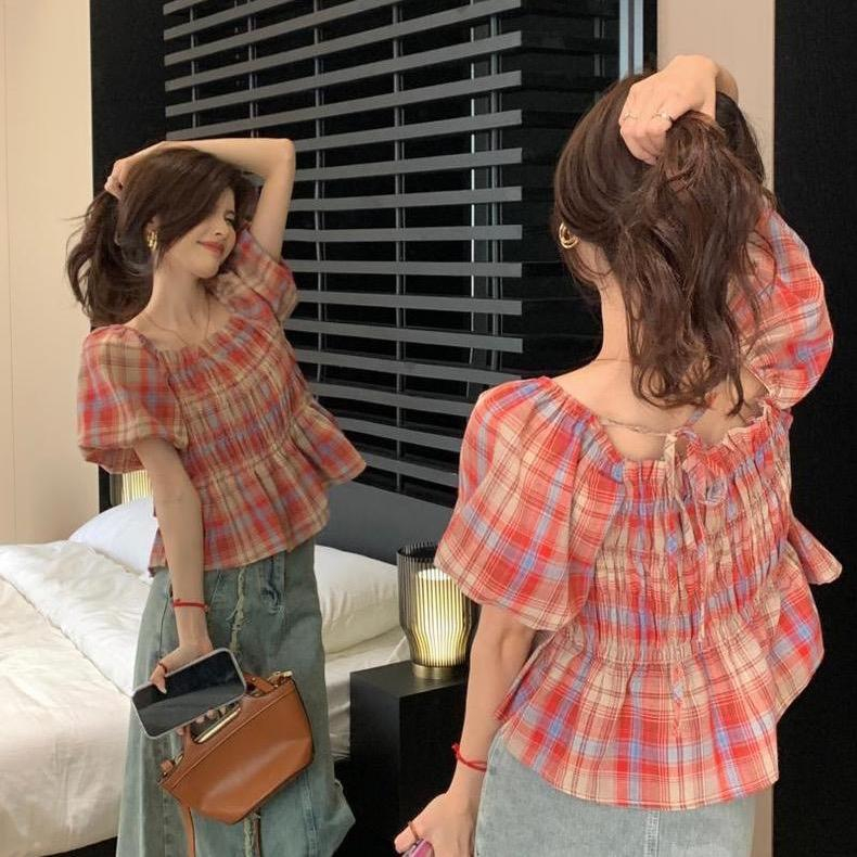 Áo kiểu nữ tay phồng tiểu thư áo nữ thiết kế cổ vuông bo chun ngực kèm dây nhỏ thắt nơ lưng sang chảnh (S,M,L,XL,2XL))