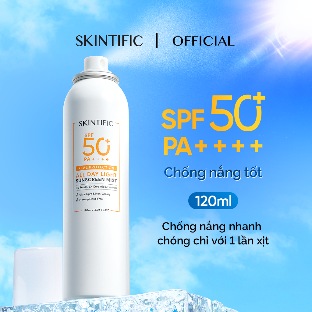 Xịt chống nắng SPF50 PA++++ big size SKINTIFIC 120ml