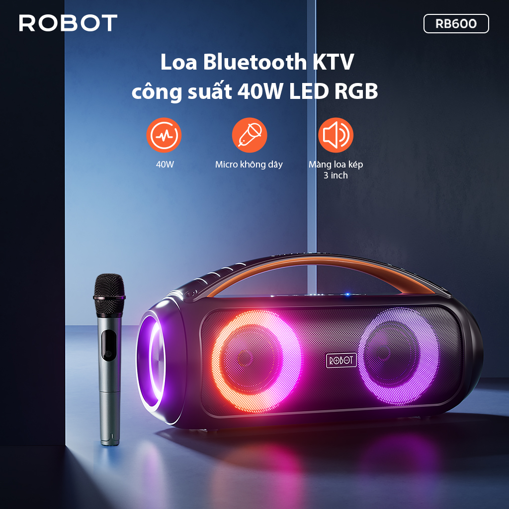 Loa Bluetooth KTV ROBOT RB600 Công Suất 40W Hiệu Ứng LED RGB Micro Không Dây