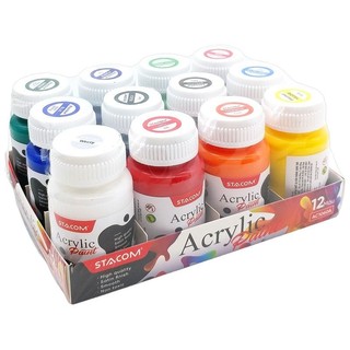 Bộ 12 màu acrylic stacom 60ml ac1060a - 12 hũ màu nước vẽ trên nhiều chất liệu sáng tạo acrylic paint