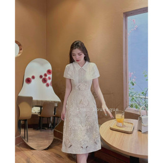 Váy ren cổ sơ mi đính hoa nổi