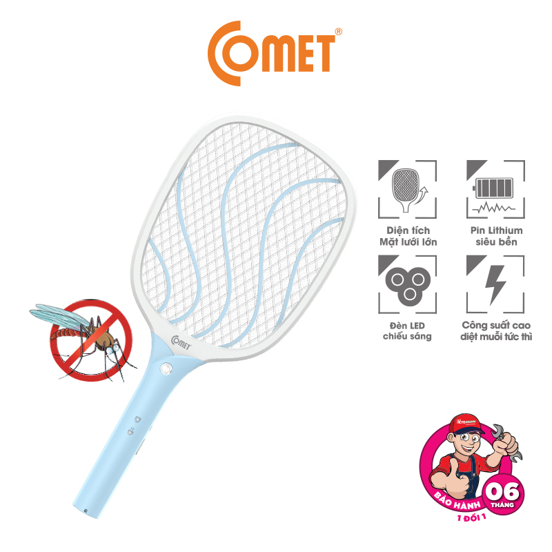 Vợt Muỗi COMET CP046 Pin Lithium 500mAH Sạc 3h Sử Dụng 15 Ngày Sạc tới 1000 Lần, Lưới Vợt Hợp Kim Alum An Toàn, Bền Bỉ