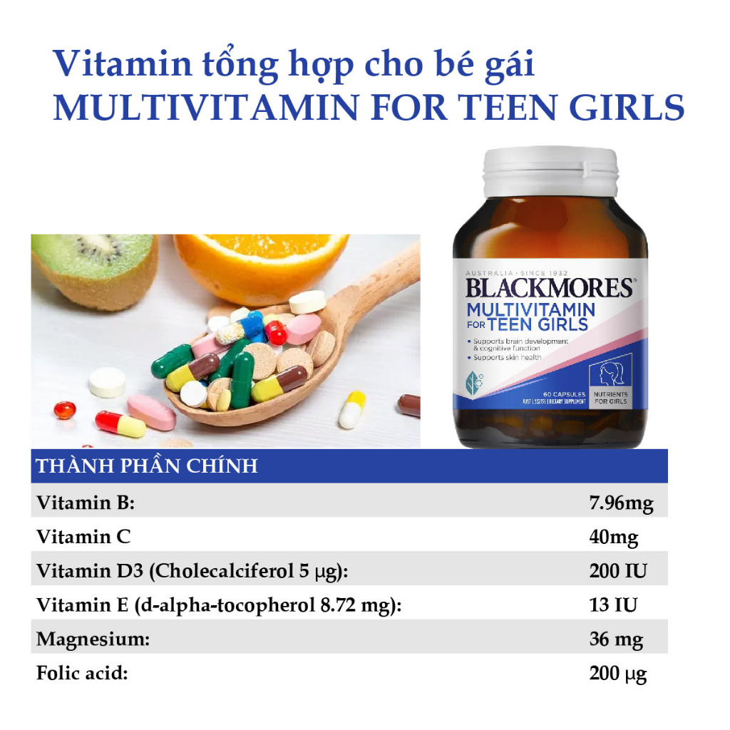 Vitamin tổng hợp giúp bé gái phát triển toàn diện Multivitamin for teen Girls Blackmores Úc 60 viên