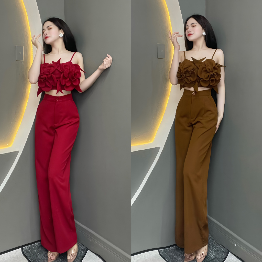 Set Thiết Kế Áo Hai Dây Họa Tiết Hoa Phối Quần Dáng Dài T1016 - Thanh Tự