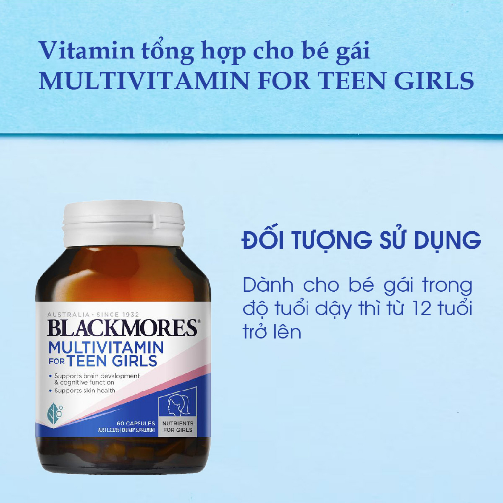 Vitamin tổng hợp giúp bé gái phát triển toàn diện Multivitamin for teen Girls Blackmores Úc 60 viên
