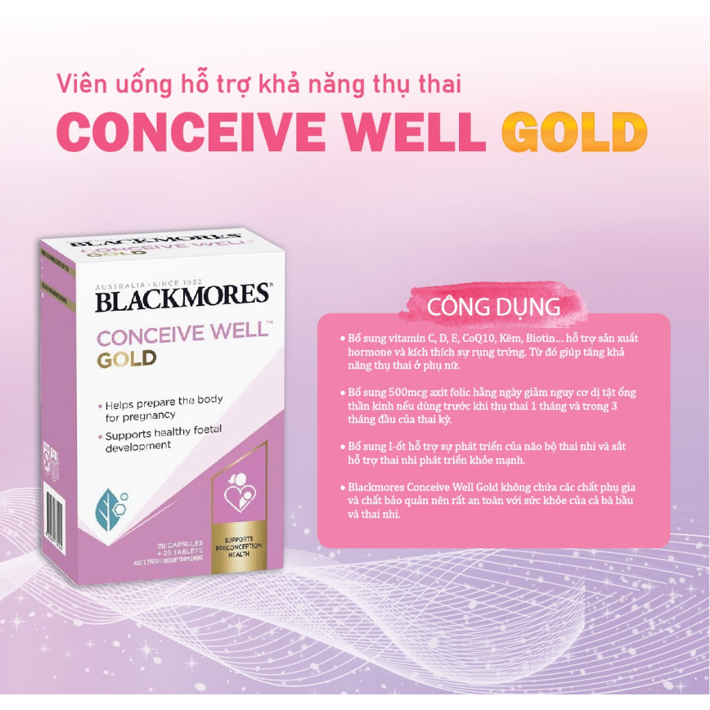 Tăng khả năng thụ thai, bổ trứng cho nữ giới Blackmores Conceive Well Gold Úc hỗ trợ chu kì kinh nguyệt 56 viên