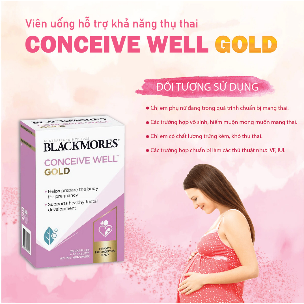 Tăng khả năng thụ thai, bổ trứng cho nữ giới Blackmores Conceive Well Gold Úc hỗ trợ chu kì kinh nguyệt 56 viên