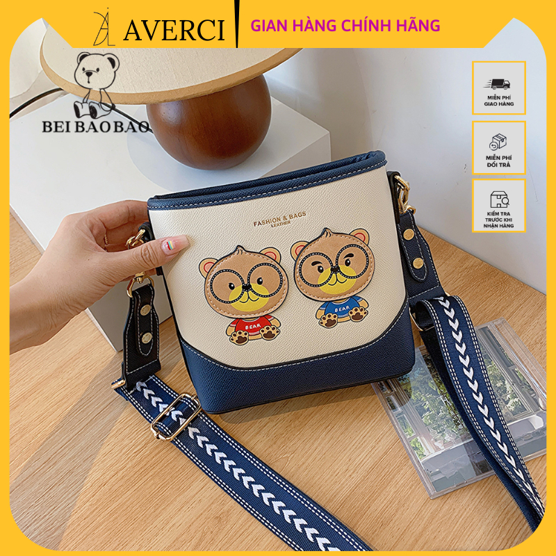 AVERCI Túi Đeo Chéo Da Phối Trắng Xanh, Túi Đeo Da Nữ Phong Cách Hàn Quốc, Túi Xách Beibaobao AVER323038