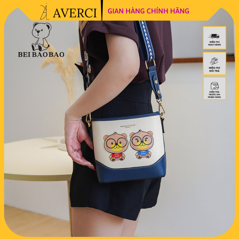 AVERCI Túi Đeo Chéo Da Phối Trắng Xanh, Túi Đeo Da Nữ Phong Cách Hàn Quốc, Túi Xách Beibaobao AVER323038