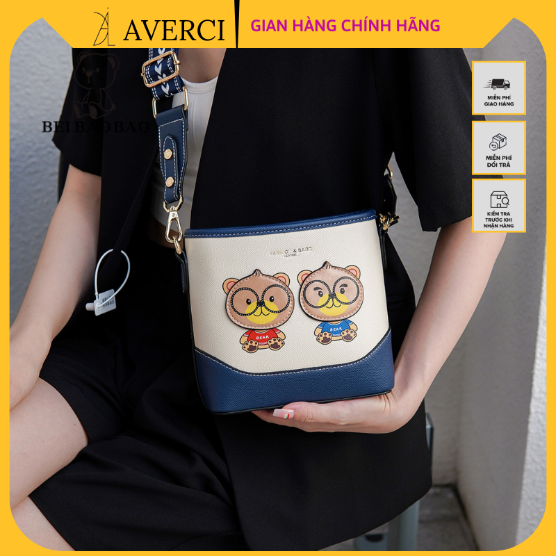 AVERCI Túi Đeo Chéo Da Phối Trắng Xanh, Túi Đeo Da Nữ Phong Cách Hàn Quốc, Túi Xách Beibaobao AVER323038