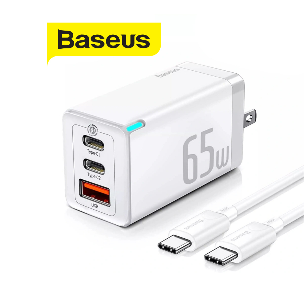 Bộ sạc nhanh PD65W Baseus Gan 3 Pro 2 cổng Type-C và 1 cổng USB ,chân dẹt, kèm dây sạc Type-C to Type-C dài 1m