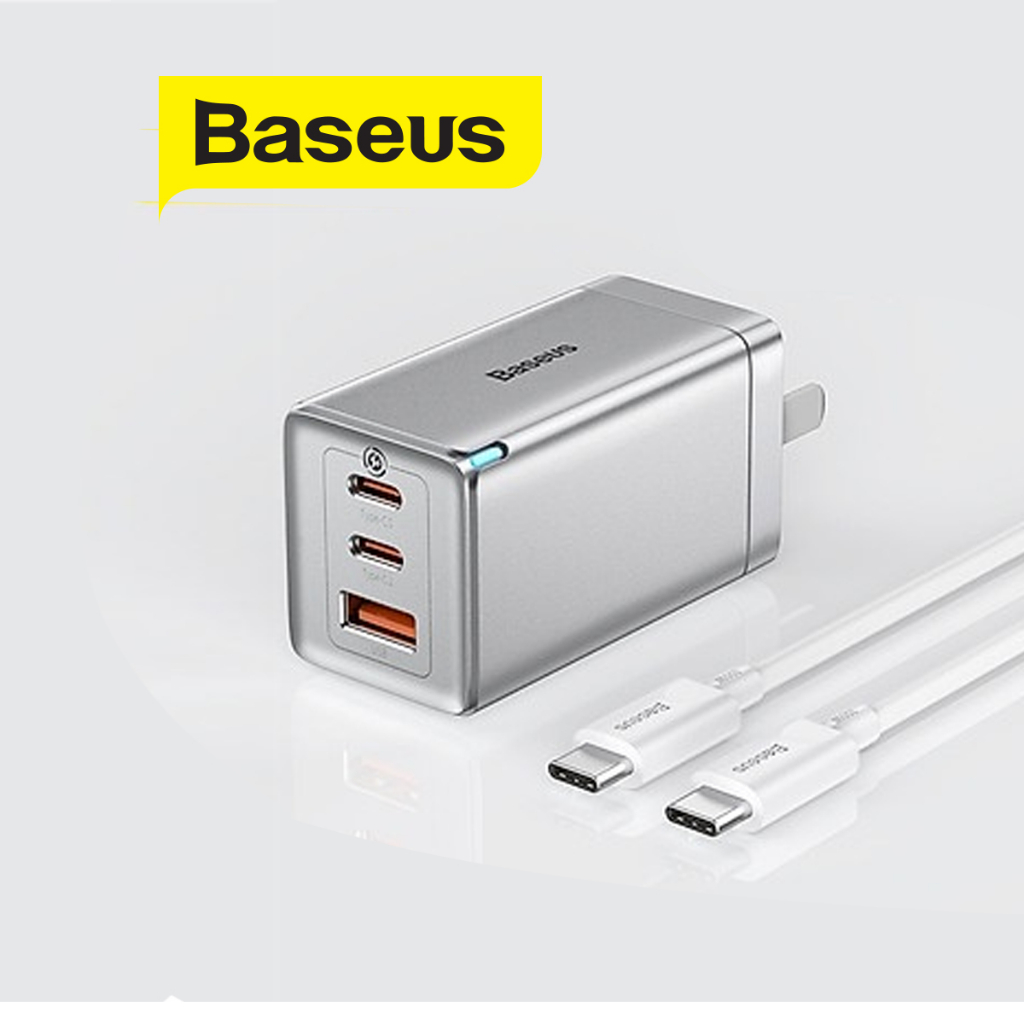 Bộ sạc nhanh PD65W Baseus Gan 3 Pro 2 cổng Type-C và 1 cổng USB ,chân dẹt, kèm dây sạc Type-C to Type-C dài 1m
