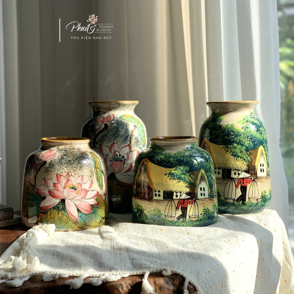 Bình hoa sứ Bát Tràng men xanh vẽ tay thủ công họa tiết làng quê thanh bình, yên ả PKND FLOWERS & DECOR | MG184