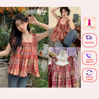 Áo babydoll hai dây kẻ caro đỏ buộc vai thắt nơ