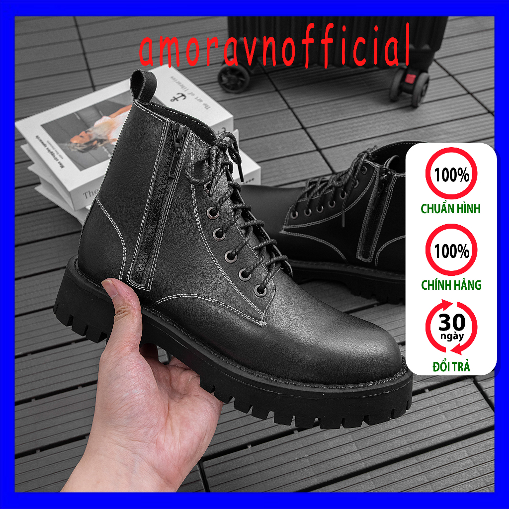 Giày Combat Boots Nam Zip Boots Cổ Cao Chất Da Bò Đẹp Cao Cấp,Đế Khâu Chắc Chắn, Tăng Chiều Cao 5cm G610-Đ-amoravnoffici