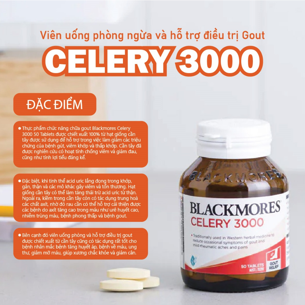 Viên uống hỗ trợ phòng ngừa Gout Celery 3000 Blackmores 50 viên giúp giảm đau khớp, viêm khớp