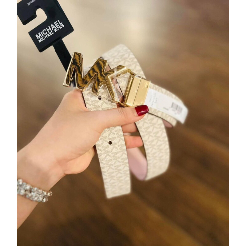 Nịt / dây lưng MK belt 1 mặt trắng logo và 1 mặt Hồng trơn