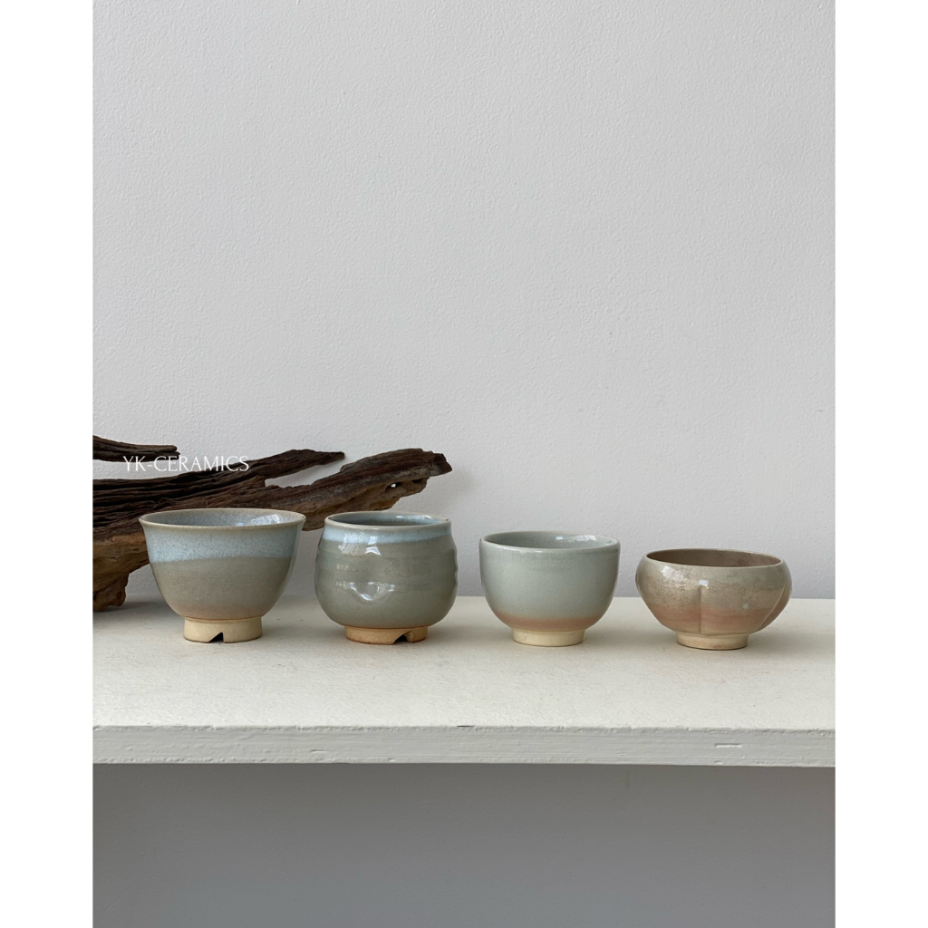 Set 3 Cốc + 1 chén tặng gốm Nhật men loang màu, dùng trưng bày, chụp hình, decor.