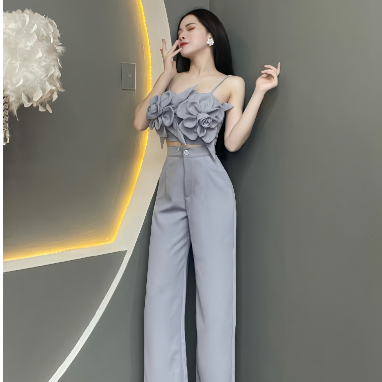 Set Thiết Kế Áo Hai Dây Họa Tiết Hoa Phối Quần Dáng Dài T1016 - Thanh Tự