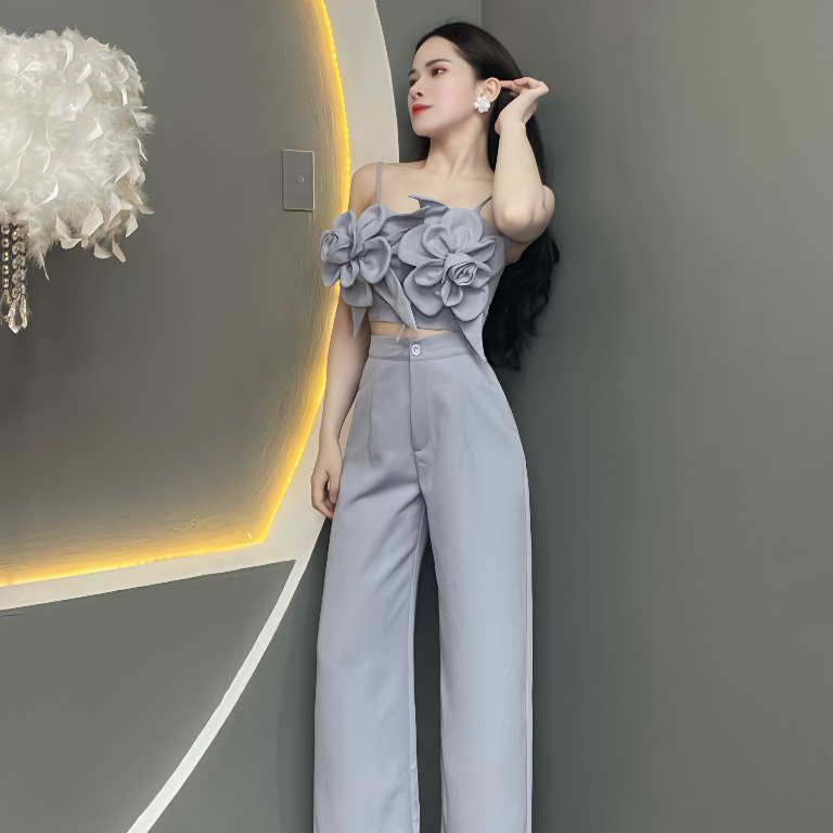 Set Thiết Kế Áo Hai Dây Họa Tiết Hoa Phối Quần Dáng Dài T1016 - Thanh Tự