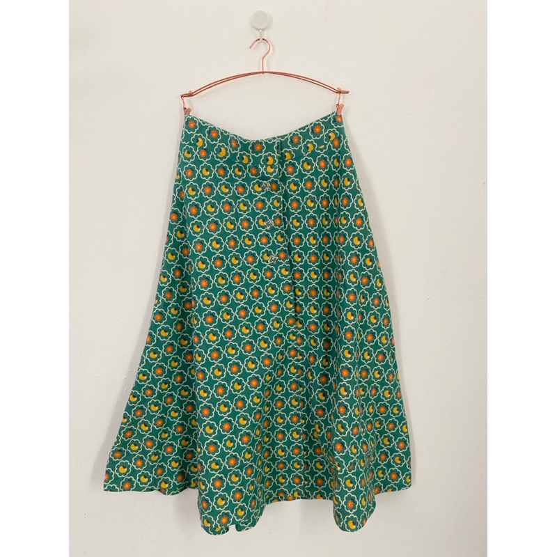 Chân váy xanh chữ A hoạ tiết vintage 2hand
