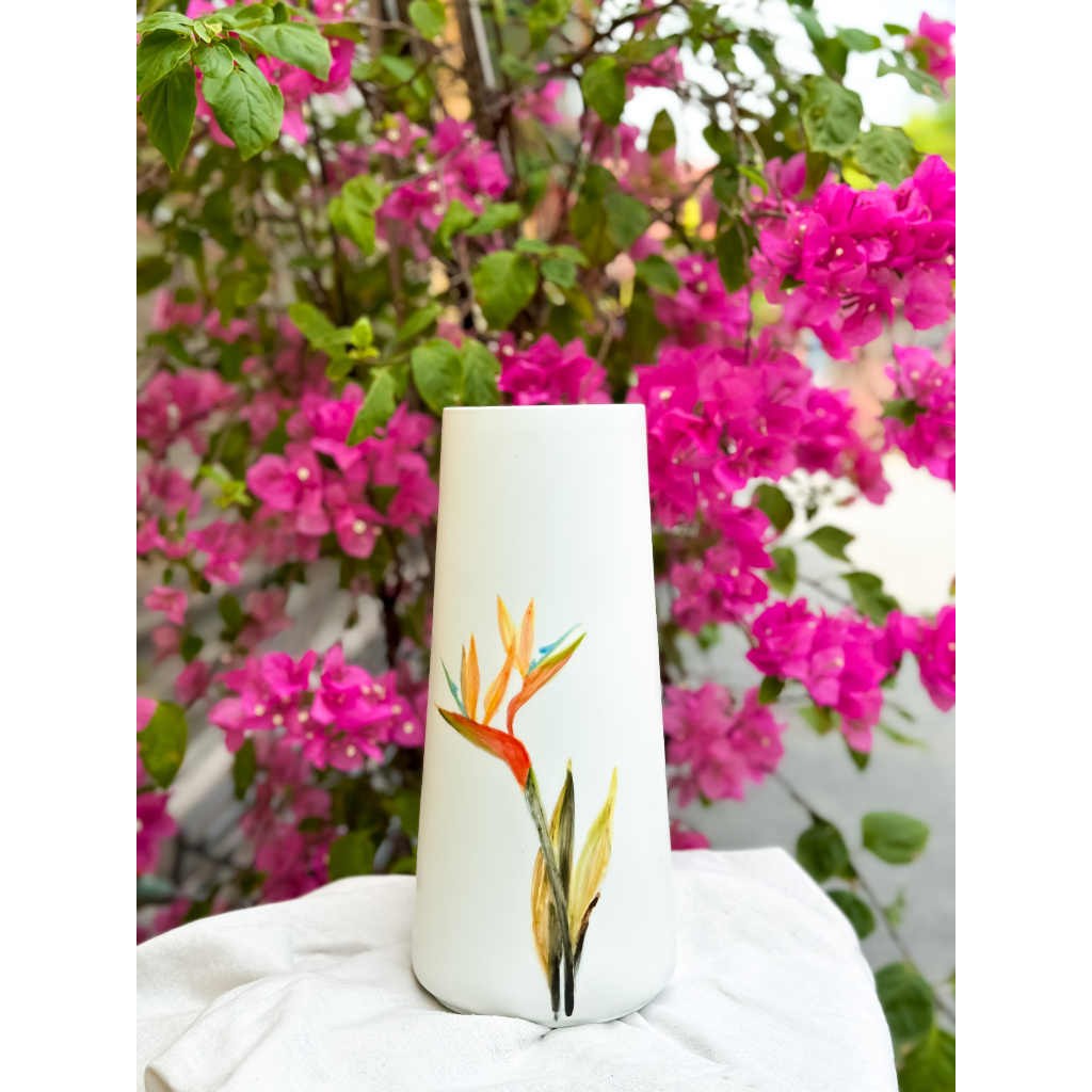 Lọ búp hoạ tiết vẽ hoa thiên điểu, tre chuồn men Mát Khử, lọ hoa decor Bát tràng