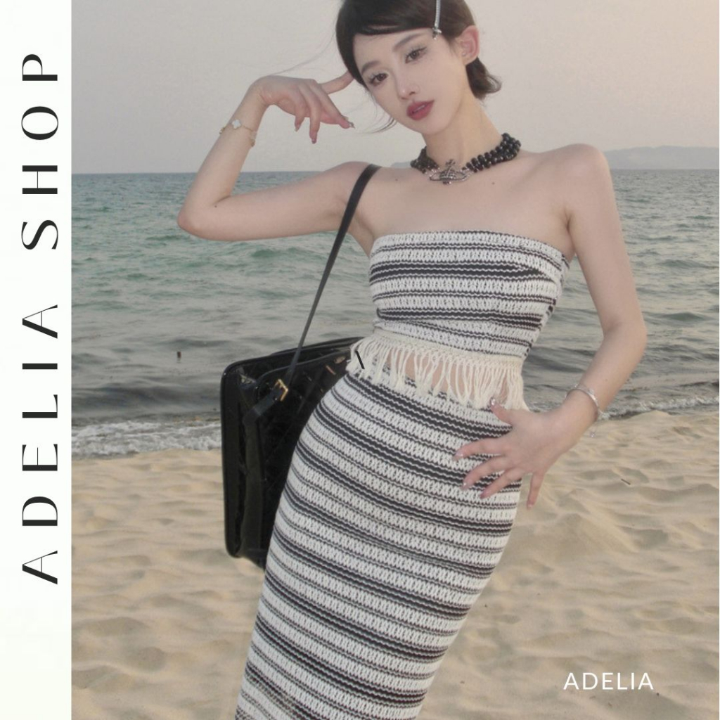 Sẵn -「ADELIA」Set Váy Áo Tiểu Thư DH181 Ôm Body Gồm Áo Quây Và Chân Váy Dáng Dài Kẻ Sọc Hàng Quảng Châu
