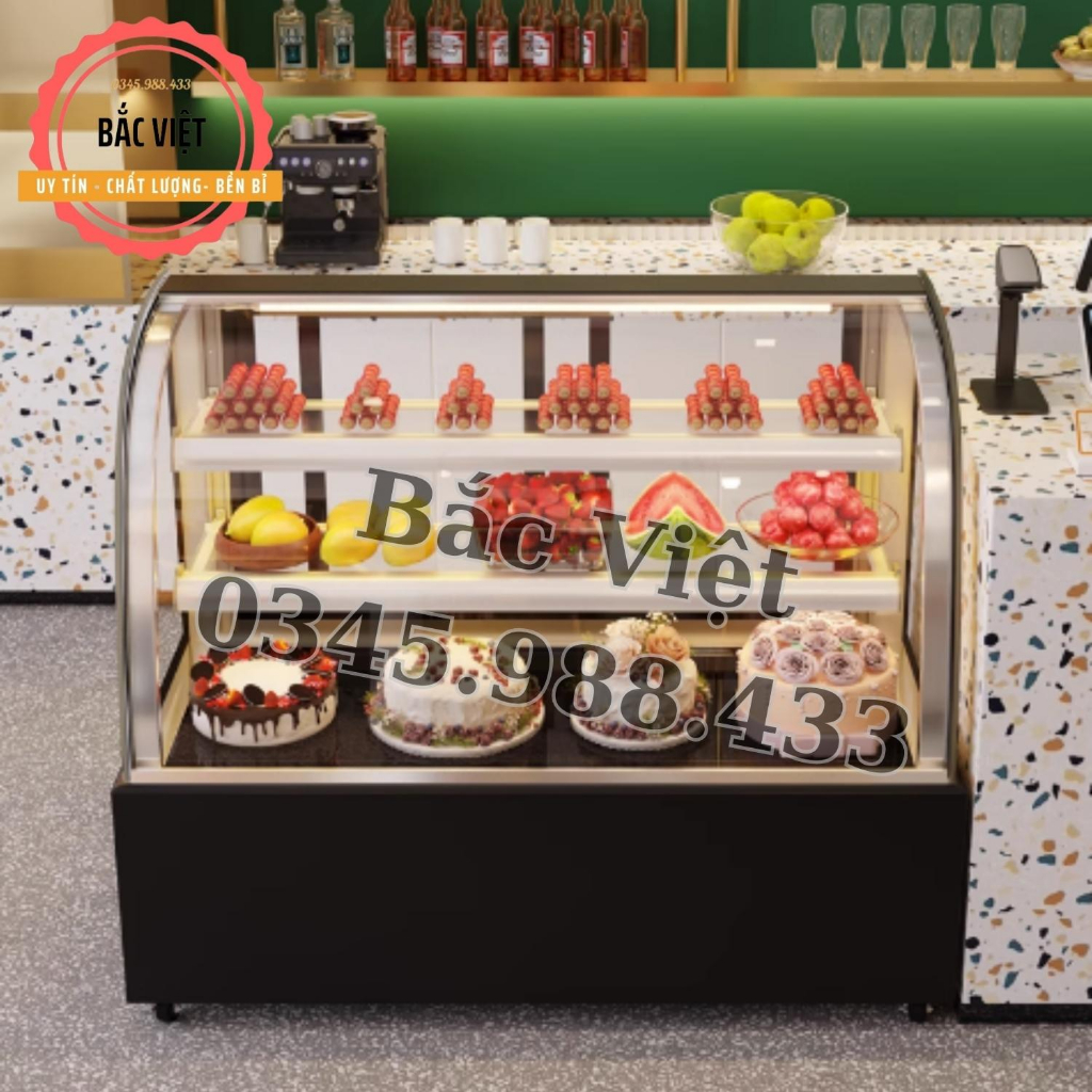 Tủ trưng bày bánh kem , bánh ngọt kính cong 3 tầng - Bảo hành 12 tháng