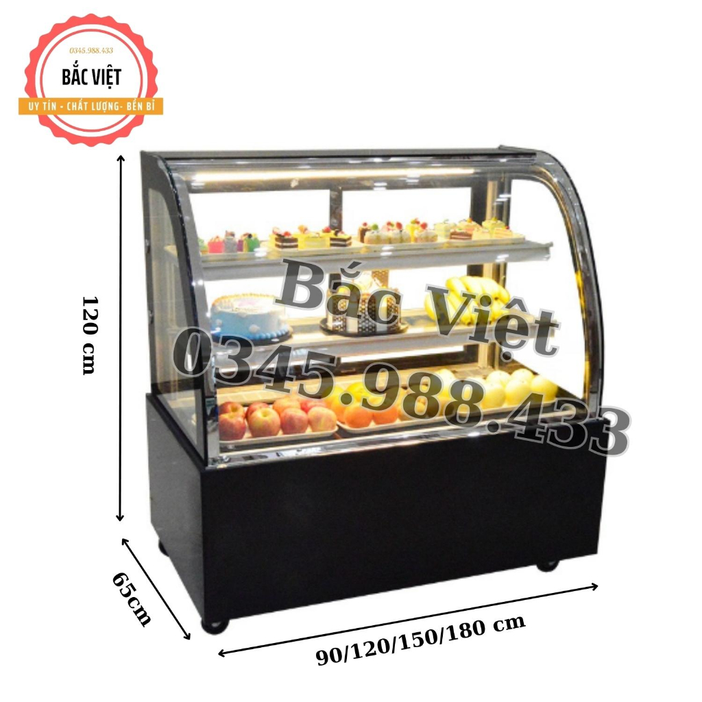 Tủ trưng bày bánh kem , bánh ngọt kính cong 3 tầng - Bảo hành 12 tháng