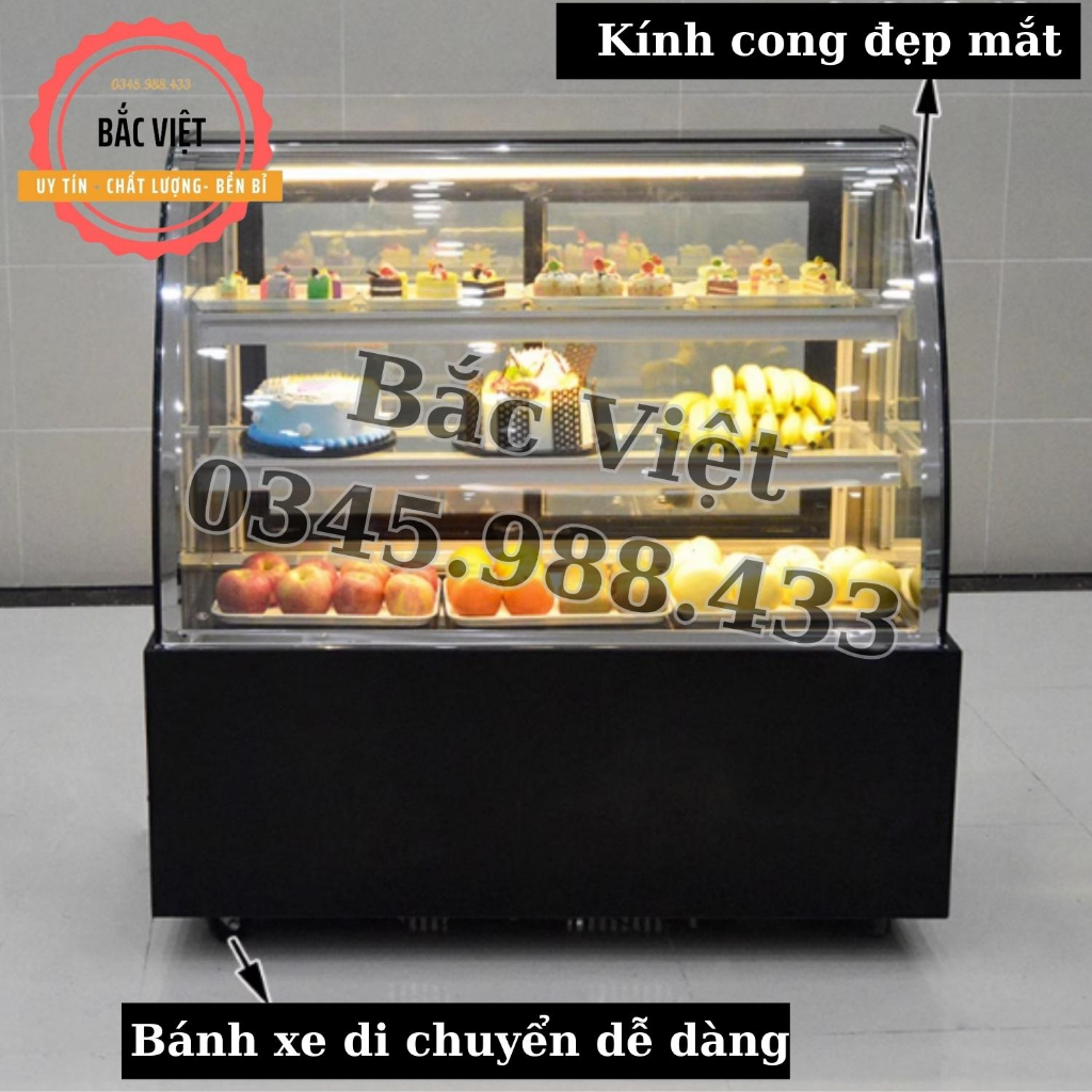 Tủ trưng bày bánh kem , bánh ngọt kính cong 3 tầng - Bảo hành 12 tháng