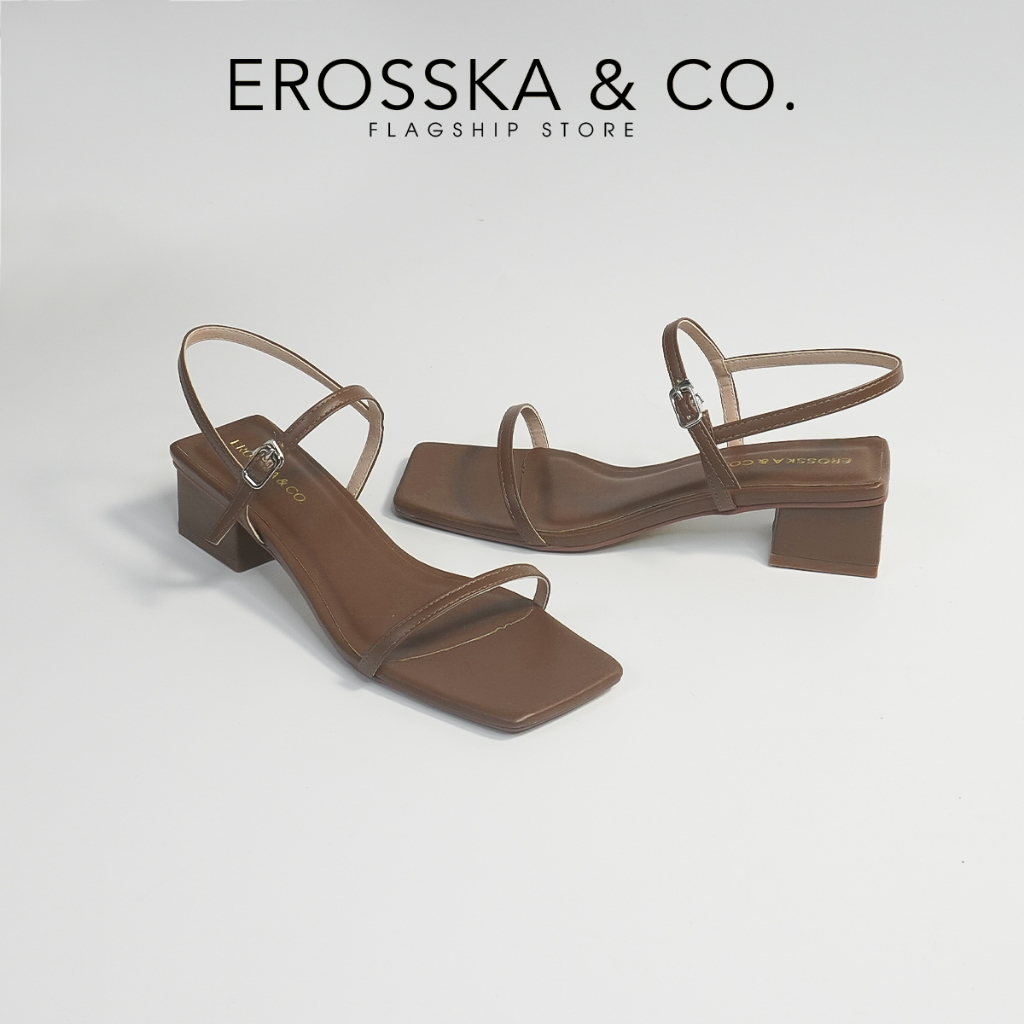 Erosska - Giày sandal cao gót nữ hở mũi quai mảnh gót vuông cao 4cm màu nâu - EM079