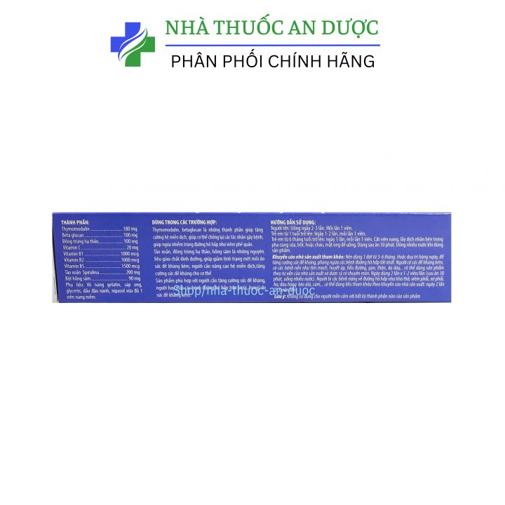 Viên uống Thymomodulin Extra giúp tăng sức đề kháng cho cơ thể, giảm nguy cơ viêm đường hô hấp – hộp 20 viên