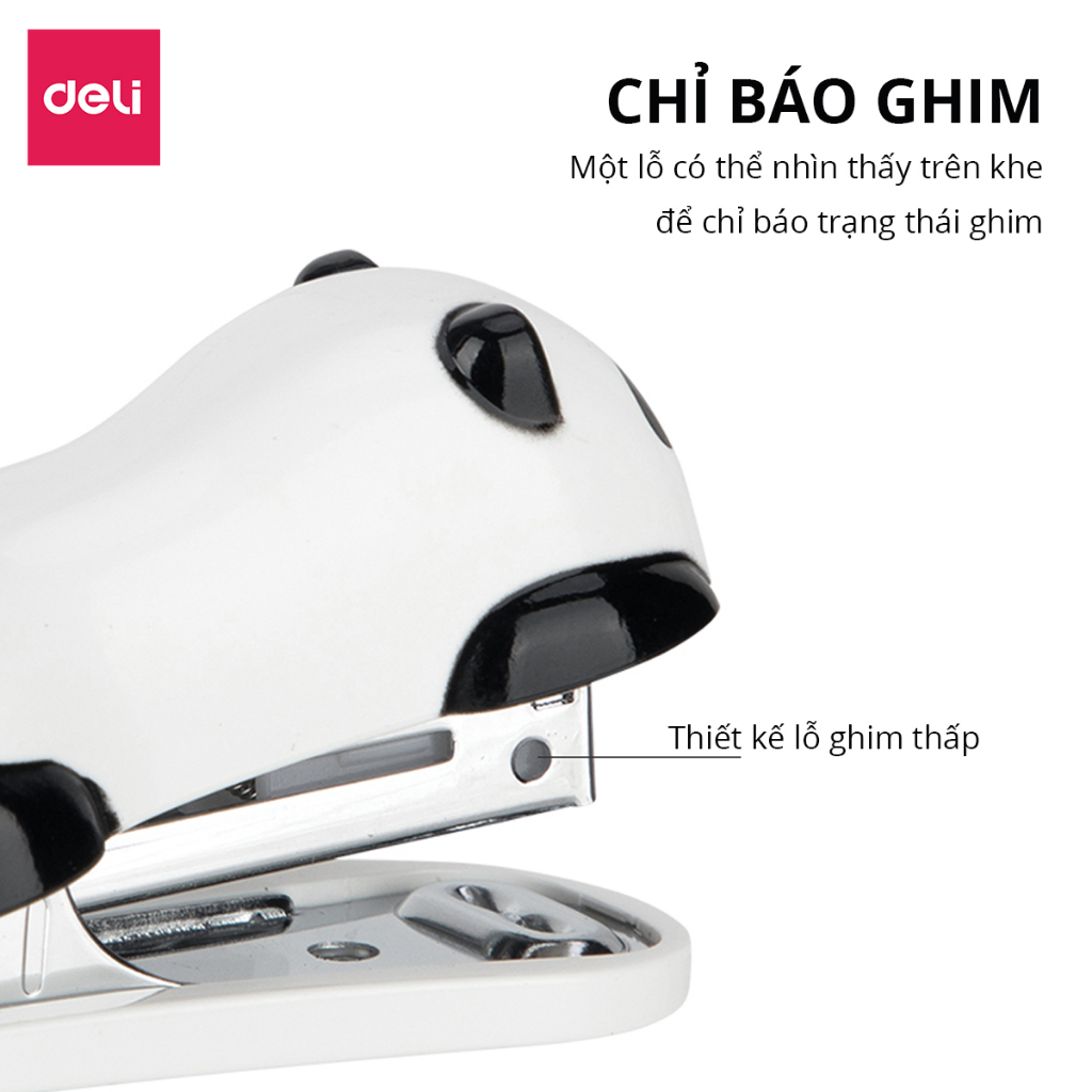 Dập ghim mini hình gấu trúc Panda Deli, Ghim bấm giấy học sinh văn phòng 12 trang kèm hộp ghim