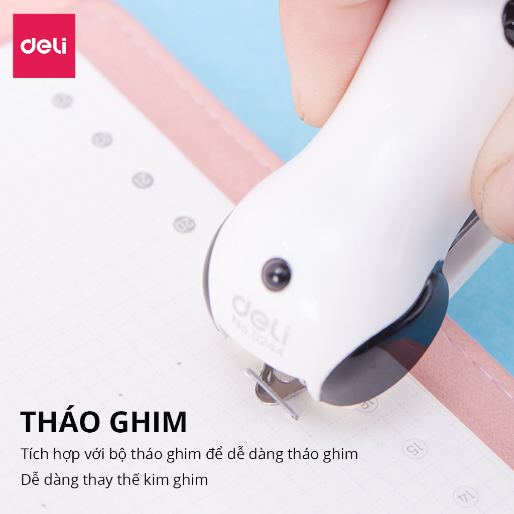 Dập ghim mini hình gấu trúc Panda Deli, Ghim bấm giấy học sinh văn phòng 12 trang kèm hộp ghim
