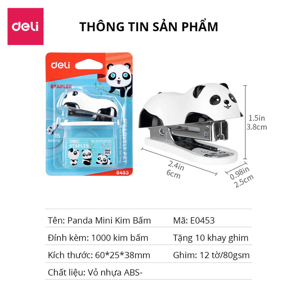 Dập ghim mini hình gấu trúc Panda Deli, Ghim bấm giấy học sinh văn phòng 12 trang kèm hộp ghim