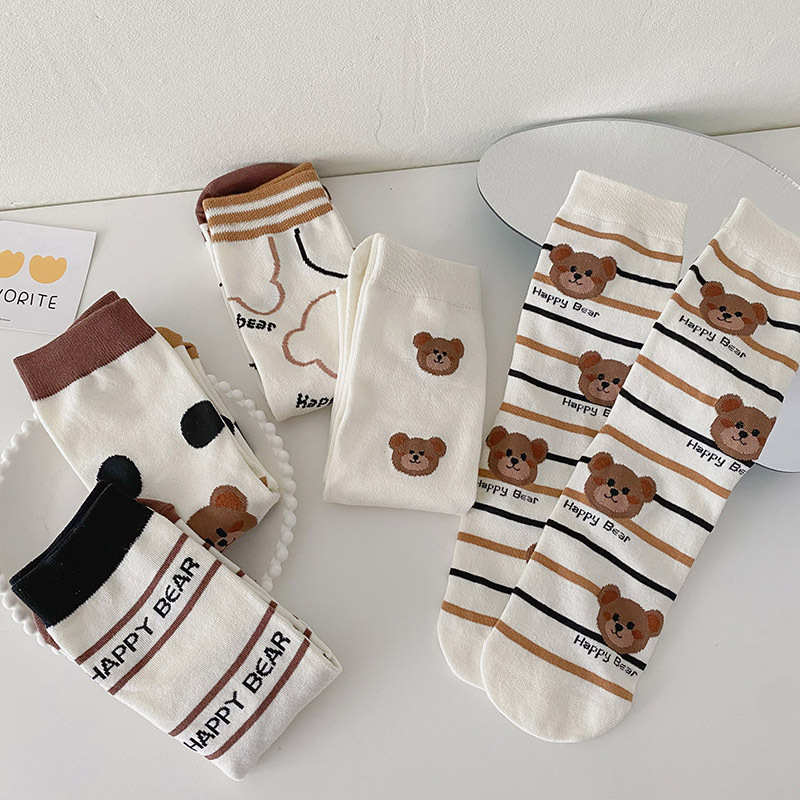 Tất vớ cổ cao chú gấu Happy Bear trắng nâu đen