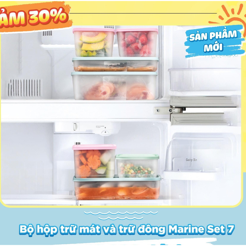 Bộ hộp nhựa đựng thực phẩm trữ đông và mát Marine Tupperware set 7 thân trong nắp màu, hộp nhựa nguyên sinh