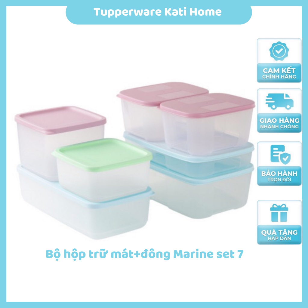 Bộ hộp nhựa đựng thực phẩm trữ đông và mát Marine Tupperware set 7 thân trong nắp màu, hộp nhựa nguyên sinh