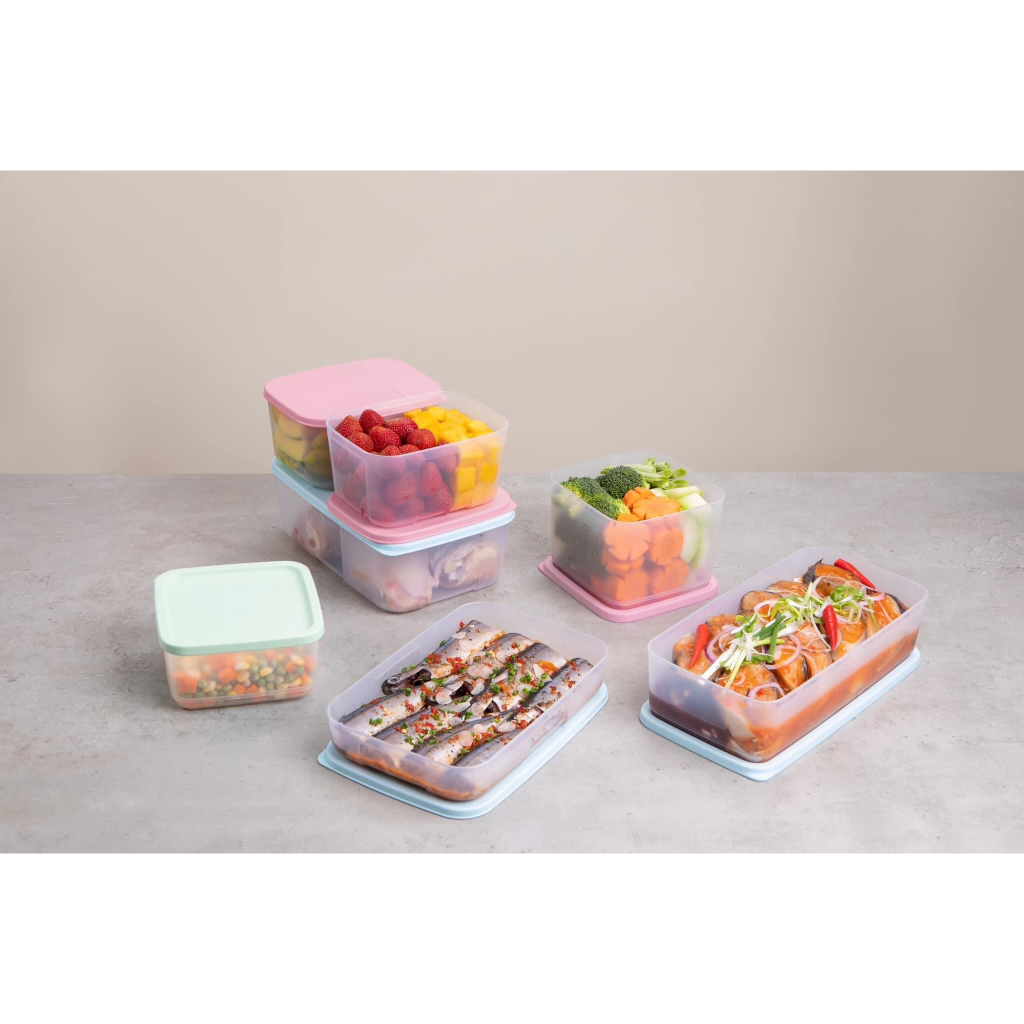 Bộ hộp nhựa đựng thực phẩm trữ đông và mát Marine Tupperware set 7 thân trong nắp màu, hộp nhựa nguyên sinh