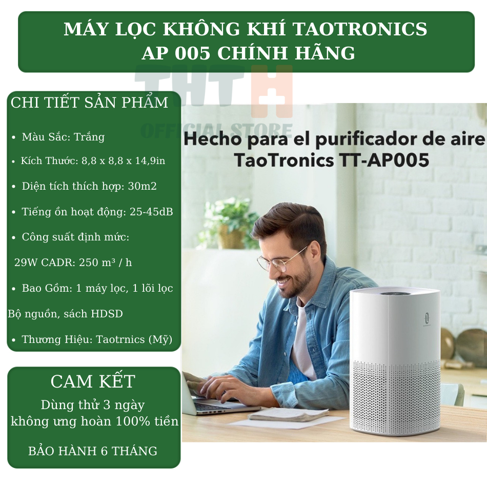 Máy lọc không khí thông minh Taotronics Chính Hãng Lọc không khí, khử khuẩn, lọc bụi mịn THT