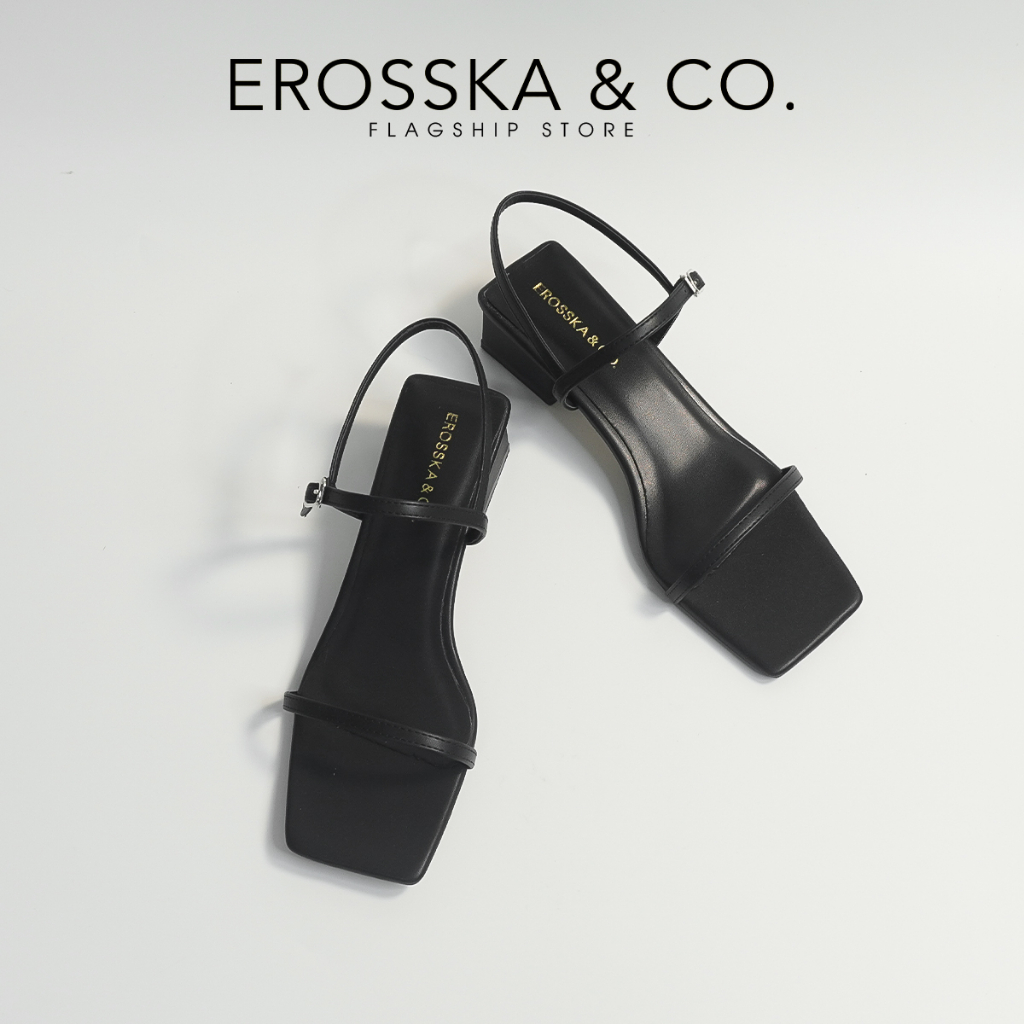 Erosska - Giày sandal cao gót nữ hở mũi quai mảnh gót vuông cao 4cm màu đen - EMO79