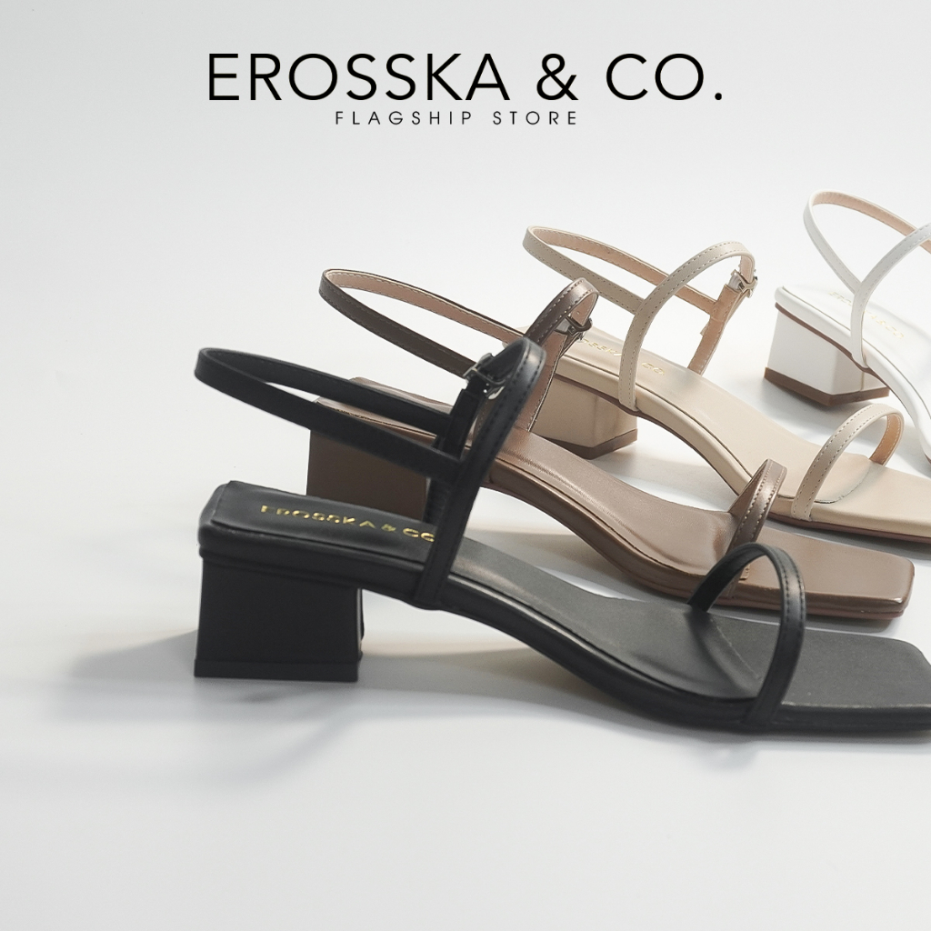 Erosska - Giày sandal cao gót nữ hở mũi quai mảnh gót vuông cao 4cm màu đen - EMO79