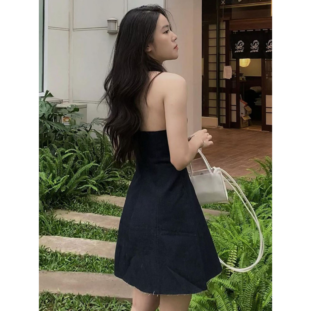 Váy denim cổ chữ V hở lưng phong cách sexy quyến rũ