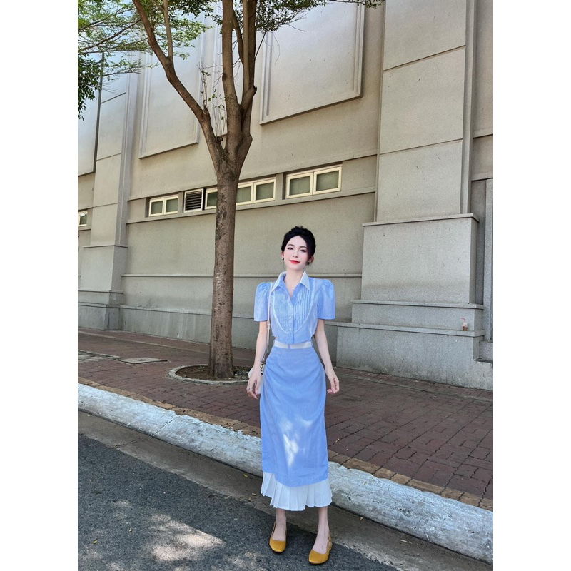 SET ÁO CROPTOP XANH SỌC CHÂN VÁY MIDI