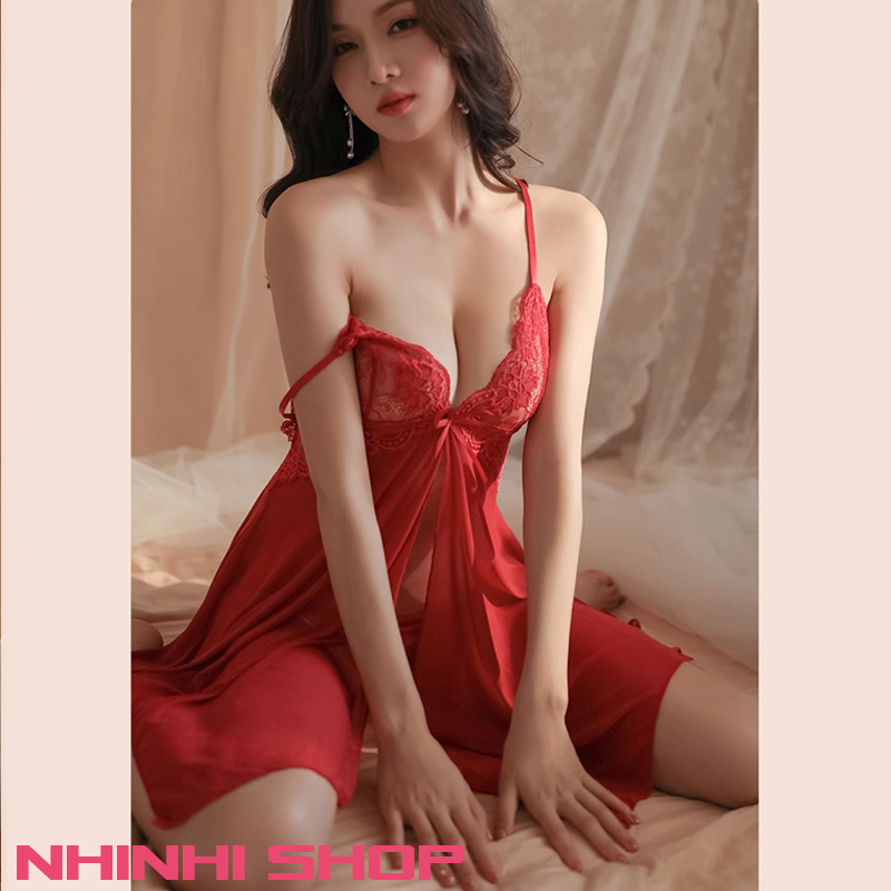 Đồ ngủ gợi cảm váy ngủ sexy phối ren hai dây xuyên thấu tặng kèm quần chip quyến rũ DA05