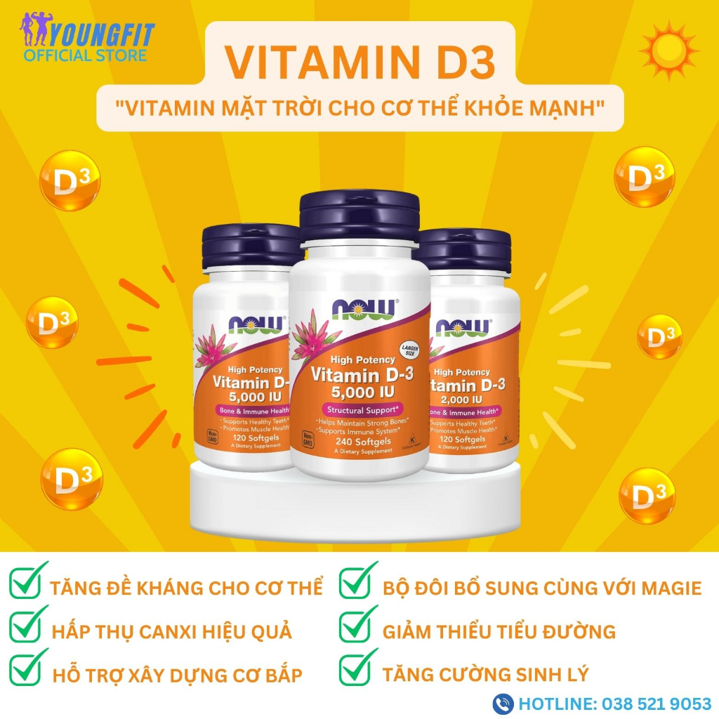 Viên Uống Vitamin D3 NOW Nhập Mỹ Tăng Đề Kháng Chắc Xương Điều Hòa Tiết Tố  - Young