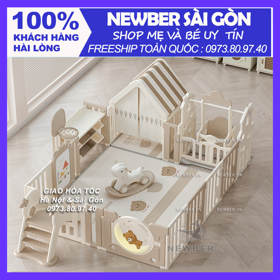 Freeship - Set Quây Cũi Nhựa Liên Hoàn Newber  2023 - Quây Cũi Cho Bé Gấu Mặt Trăng (kèm ngựa, kệ đồ chơi)