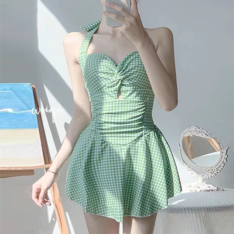 Đồ bơi liền thân nữ, Bikini dạng đầm sọc Caro #8429 Vải Thun 4 Chiều