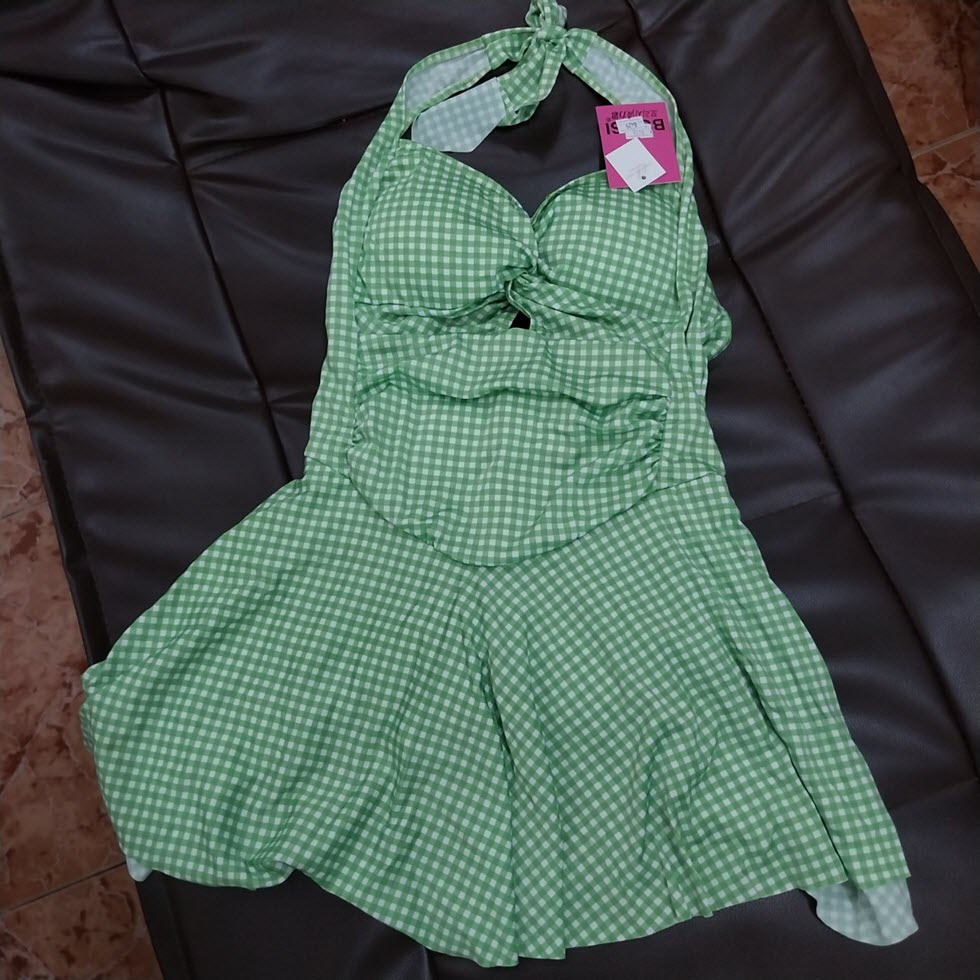 Đồ bơi liền thân nữ, Bikini dạng đầm sọc Caro #8429 Vải Thun 4 Chiều