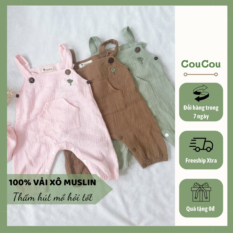Set yếm dài bé trai và gái CouCou vải Xô Muslin mềm mịn, thấm hút mồ hôi tốt